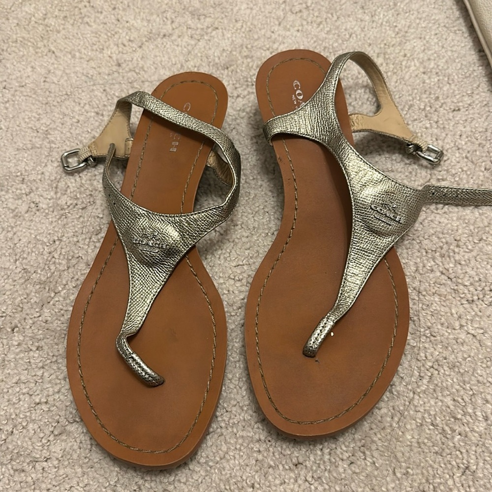 Coach Women's Vitalia T Strap Slingback Flat Gold Leather Wedge size 8